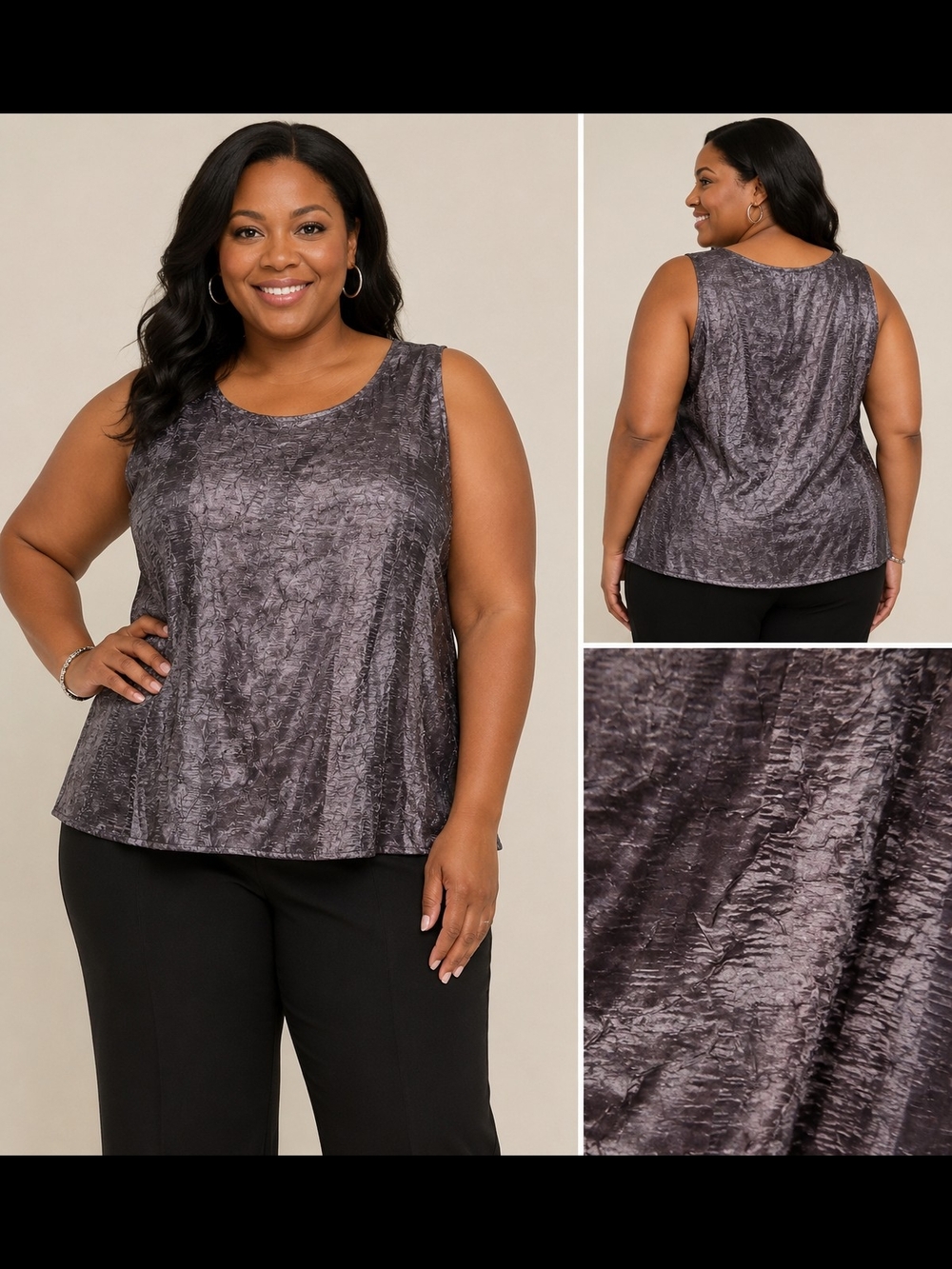 Cervelle Crinkle Satin Shell Top 2X Gray Purple Shimmer Sleeveless Blouse